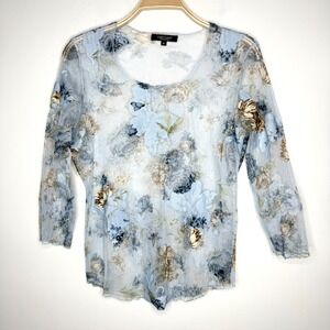 Karen Kane Sz‎ M Blue Floral Sheer Mesh Stretchy Vintage Y2K Rave Fairy Top